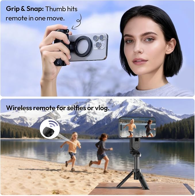 ULANZI Magnetic Phone Tripod, JJ03 Portable Selfie Stick Tripod for Magsafe with Remote, Mini Phone Stand Handle Grip for iPhone 17/16/15/Android, 360° Rotation Pocket Size for Travel Vlog Live