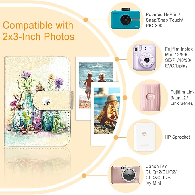 Lebrocoli Magic Bottle Floral Small Photos Album for 2x3 Inch Films, 56 Pockets Mini Cute Albums Book for Polaroid Fujifilm Instax Mini Instant Camera Printer, Kpop Photocard Pictures Holders Storage