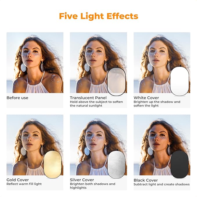 K&F CONCEPT 40" x60”(100x150cm) 5-in-1 Oval Foldable Reflector with Carrying Bag, Gold, Silver, Black, White Reflective Fabric and Translucent Soft Fabric for Studio Lighting