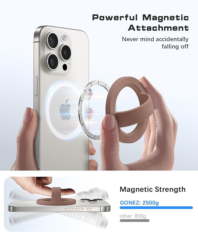 GONEZ Magnetic Phone Grip Compatible with MagSafe, Removable Silicone Loop Grip, Phone Ring Holder for Back of Phone for iPhone 17/16/15/14/13/12 Series, Brown