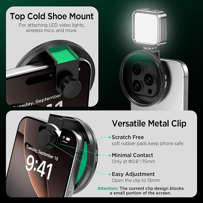 67mm CPL Filter for Phone, AR-Coated Polarizing Lens with Metal Cold Shoe Phone Clip, Circular Polarizer Filter Compatible with iPhone 16 15 14 Pro Max Plus Samsung Galaxy Moto Google TCL DSLR Cameras