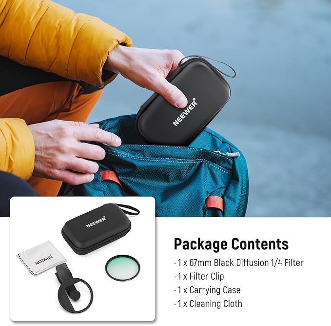 NEEWER 67mm Clip On Black Diffusion 1/4 Filter Compatible with iPhone, Phone Camera Lens Photography Accessories Kit Compatible with iPhone 17 16 15 Pro Max Plus 16e 14 13 mini, FL-B24