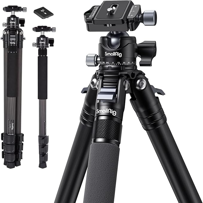 SmallRig AP-10 Carbon Fiber Tripod, 52.4" Lightweight Compact Camera Tripod with Detachable Monopod, 360° Ball Head, Quick Release Plate, Payload 26.5 lbs, for Canon for Sony, DSLR Camera, Phone-4060