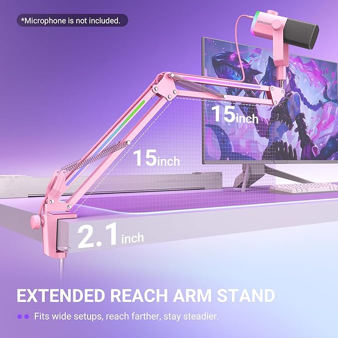 FIFINE Microphone Boom Arm, Metal Adjustable Mic Arm Stand with RGB Button, 3/8” to 5/8” Screw Adapter, Desk Mount Clamp, Suspension Scissor Mic Stand for Gaming Streaming Podcast-AmpliGame BM38P