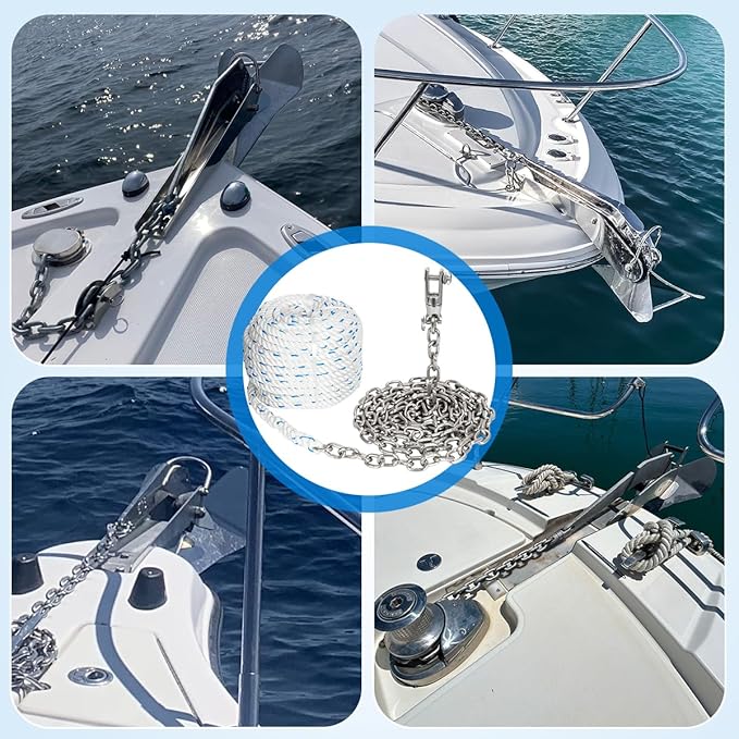 Anchor Rode for Boat Windlass, 1/2" Anchor Rope 150ft with 1/4" Anchor Chain 15ft and Swivel Connector, G4 316 Stainless Steel Short-Link Marine Chain with 3-Strand Nylon Rope