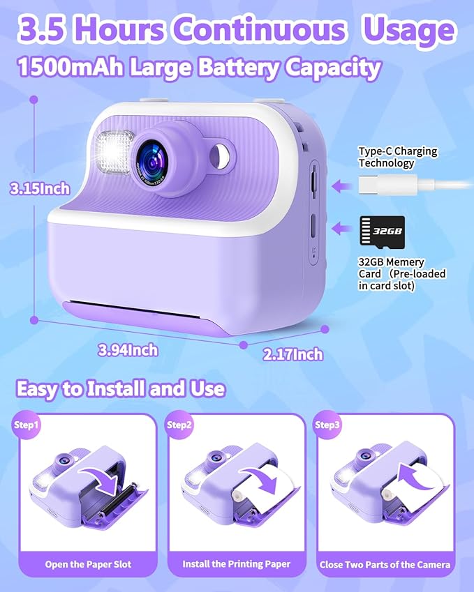 Instant Print Camera for Kids, Christmas Birthday Gifts for Girls Boys, Kids Camera Instant Print with Dual Cameras 1080P Digital Camera Toys for 4 5 6 7 8 9 10 Year Old Girl with 32GB SD Card-Purple