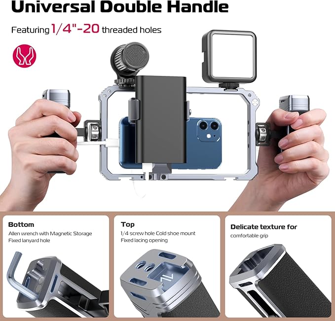 ULANZI Universal Phone Video Rig Kit with Handles, Aluminum Handheld Stabilizer Phone Video Filmmaking Grip for Video Maker Videographer with Cold Shoe for iPhone 16 15 14 13 Mini Pro Max 8 Plus