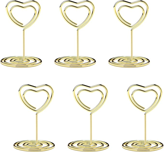 20PCS Mini Table Number Holders, Heart Shaped Place Card Holder, Premium Photo Holders for Tables, Table Sign Holders Card Stands Menu Clips for Wedding Valentine's Day Table Decor, Gold