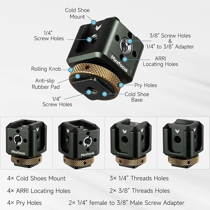 MINIFOCUS Camera Hot Shoe Extension Bracket with Quadruple Cold Shoe Mounts Adapter for Microphone LED Video Light, Aluminum Shoe Mount Holder with 1/4''&3/8'' Thread Hole and Arri-locating Hole