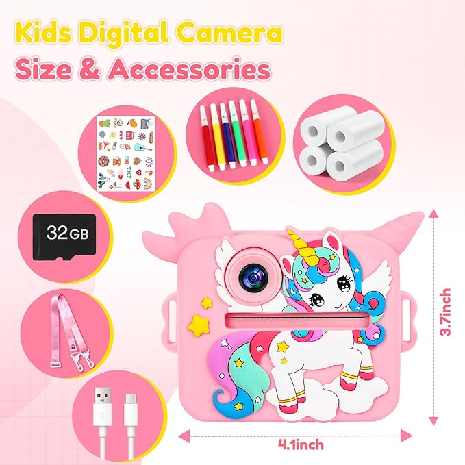 OTJ Kids Camera Instant Print for Girls Boys - Selfie Toddler Digital Toy Camera Gift Set, Christmas Birthday Gifts for 3 4 5 6 7 8 9 10 Years Old Kids