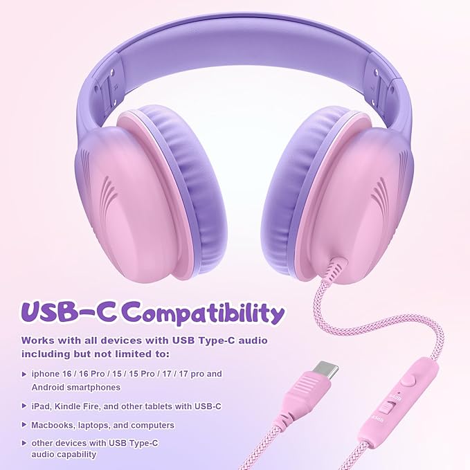 USB Type C Kids Headphones, Wired Headphones for Kids with Microphone 85/94dB Volume Limit, Stereo Sound Portable Over Ear Headphones for School/Travel/Tablet/iPad, Violet Pink