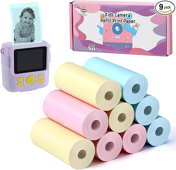 9 Rolls Kids Instant Camera Print Refill Paper- Photo Printer Thermal Paper Rolls for 4 5 6 7 8 9 10 Year Old Girls Boys Birthday Gifts, Blue, Pink, Yellow