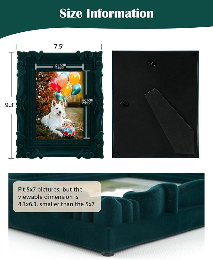 Picture Frame 5x7 with Real Glass, 5 by 7 Ornate Picture Frames for Travel Snapshots Watercolor Paintings Animal Art Prints Illustration (Dark Green)