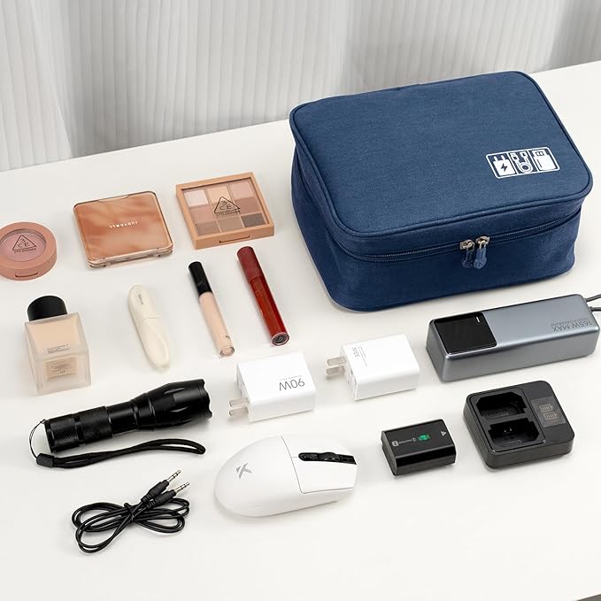 Cable Organizer bag for women or men,Electronic Accessories Carry Case Portable Waterproof Double Layers All-in-One Storage Bag for Cord, Charger, Phone, Earphone (Navy blue)