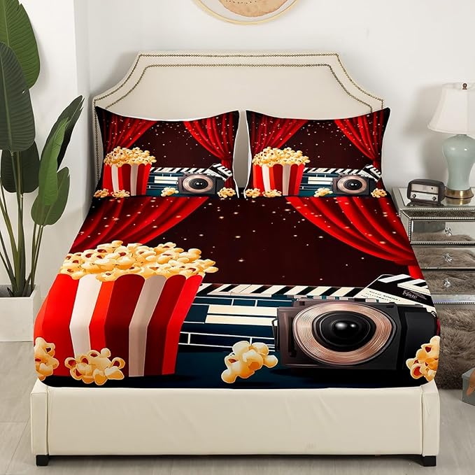Erosebridal Movie Themed Sheet Set Full Size Home Theater Decor Bed Sheets Set for Boys Girls Family Movie Film Sheets Film Lover Modern Fitted Sheet Vintage Theater Decor Flat Sheet