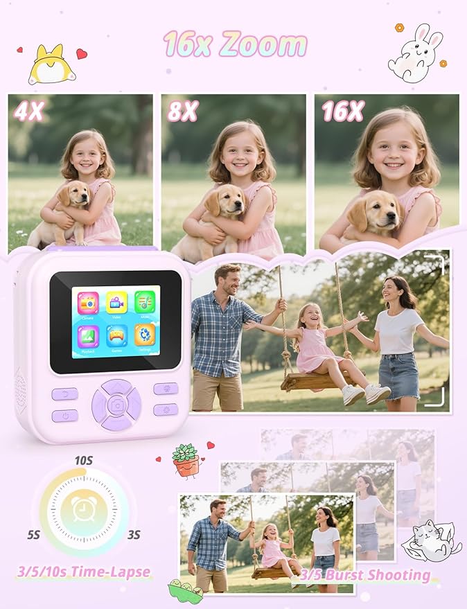 Kids Camera Instant Print, 1080P HD Digital Video Kids Instant Camera for Girl Boys, Toddler Toys for Children Age 3-12 with 3 Rolls Print Paper & 32G Card (Purple)