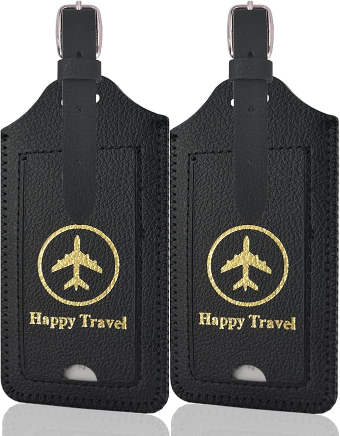 ACdream Luggage Tags 2 Pack, Leather Suitcase Tags Identifiers, Cute Cruise ID Labels with Privacy Cover fits on Backpack, Travel Bag, for Women/Men, Adults, Kids - Black