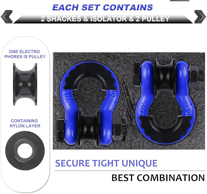 Upgraded Snatch Block, 3/4" D Ring Shackle (2 Pack) 22,000lb Break Strength with Towing Pulley, Heavy Duty Offroad Recovery Accessory for Truck, Tractor, ATV & UTV (Blue)