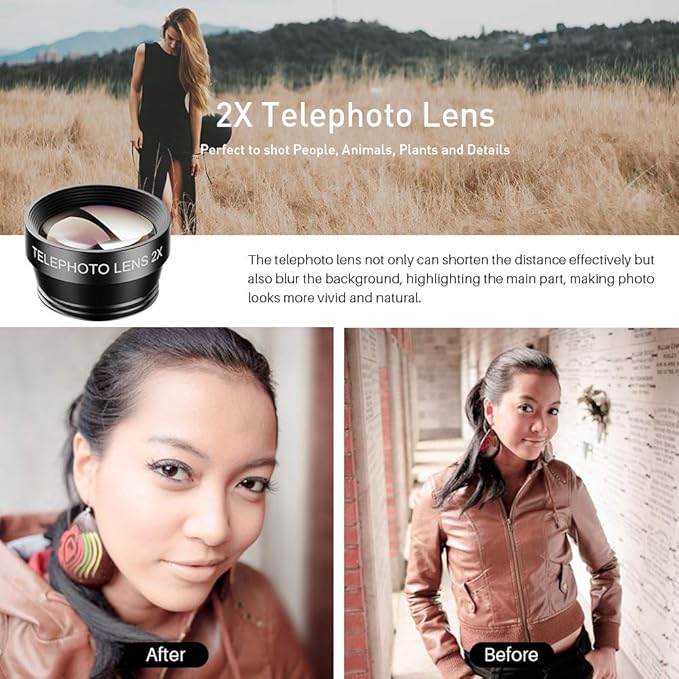 SHUTTERMOON Camera Lens Kit Smartphones/Pixel/Samsung/Android Phones Camera. 2xTele Lens ZoomLens+Fisheye Lens+0.36XSuper Wide Angle Lens & 20X Macro Lens CPL.Blue &Red Filter Filter