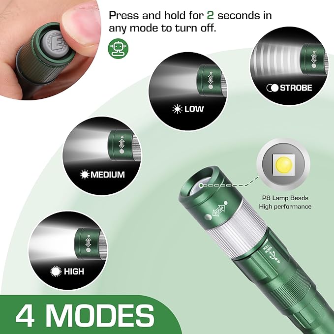 EverBrite Pen Light, Rechargeable Pen Flashlights, 300 Lumens Zoomable LED Small Flashlight with Clip, Memory Function, USB-C Cable Included, Pocket Size for Camping, Emergency, Mechanic, Green