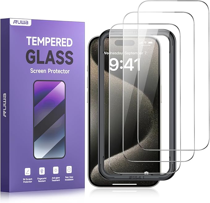 ruwa Screen Protector for iPhone 15, iPhone 16 [6.1 Inch][3-Pack] HD Tempered Glass Film with Easy Installation Frame, Ultra Clear, Case Friendly