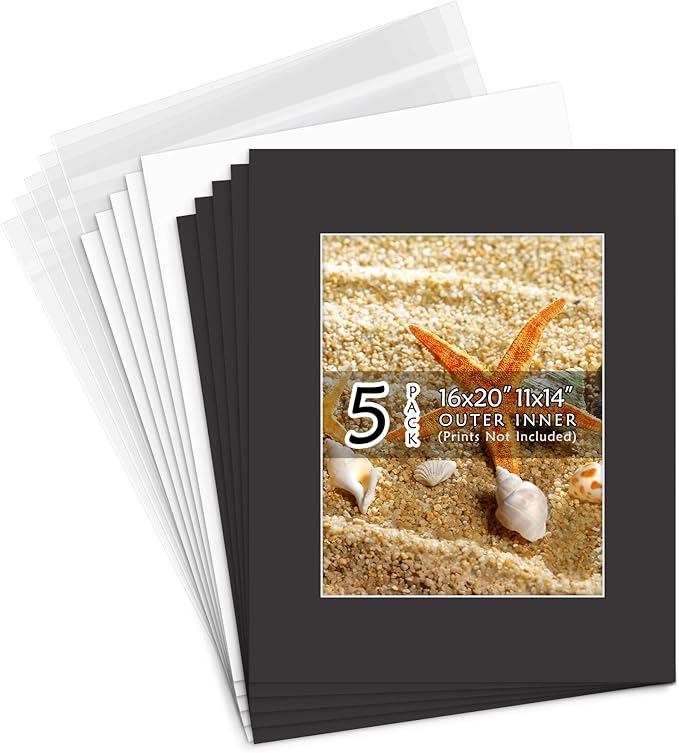 Golden State Art, Acid Free, Pack of 5, 16x20 Black Picture Mats Mattes with White Core Bevel Cut for 11x14 Photo + Backing + Bags
