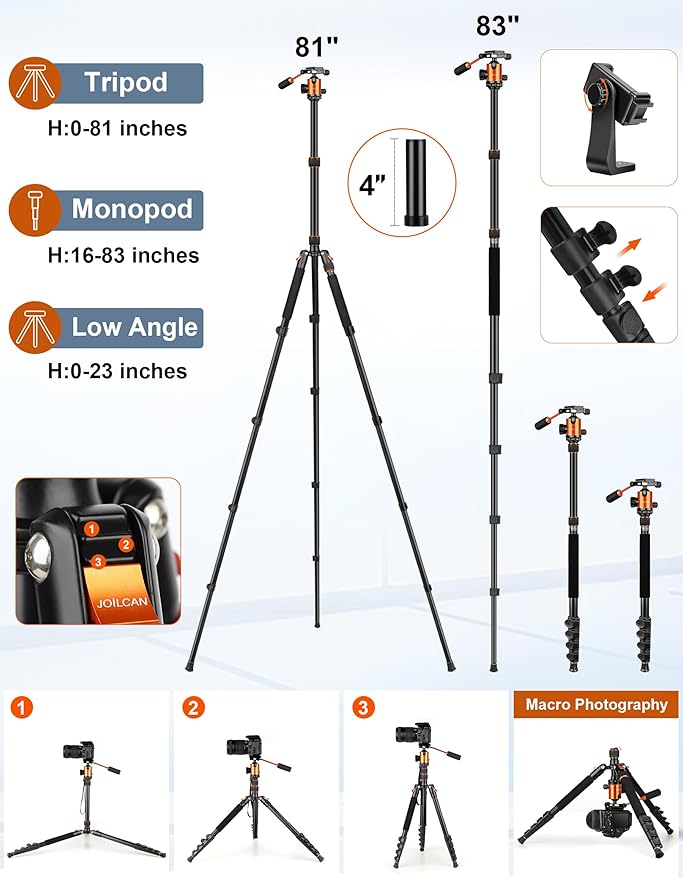 JOILCAN Camera Tripod, 83" Aluminum Tripods & Monopods with Metal Handle, Heavy Duty Tripod for DSLR Camera Lasers Binoculars Telescope Spotting Scope, Payload 35Lb
