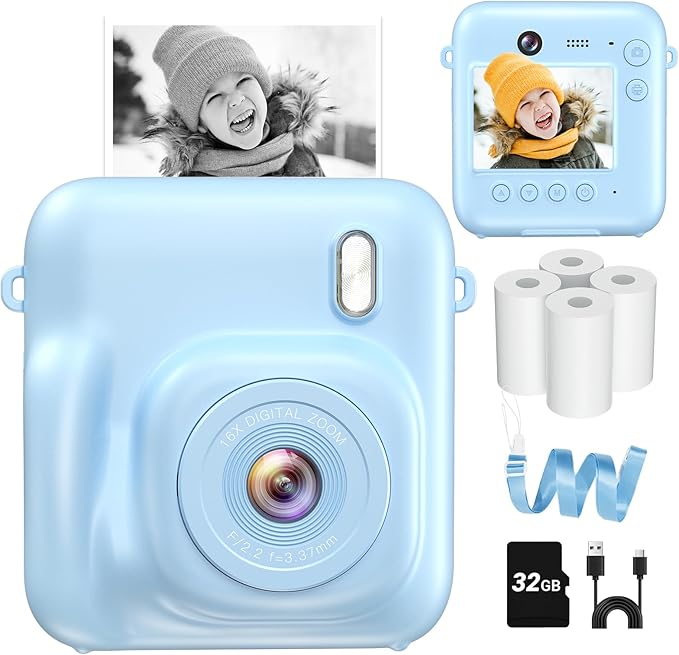 Instant Camera, Dual-Lens Kids Camera Instant Print for Boys Girls Christmas Birthday Gifts, 1080P Digital Cameras for Kids Teens with Print Paper, 32GB Card, Toddle Toy for Age 4-12 Years(Blue)