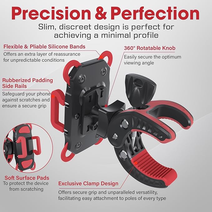 Crescendo CR-30 SlimClip Mic Stand Phone Holder, iPhone Clamp Mount, Pole Phone Mount, Microphone, Music or Drum Stand, Mic/Phone Clip - for iPhone, Samsung Galaxy, Pixel, Any Smartphone (Red)