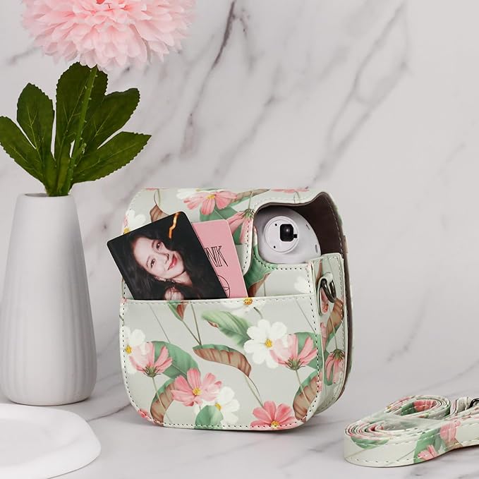 Frankmate Protective Case Fit for Fujifilm Instax Mini 12 11 9 8 Camera, PU Leather Camera Bag with Pocket and Adjustable Shoulder Strap (Retro Daisy)