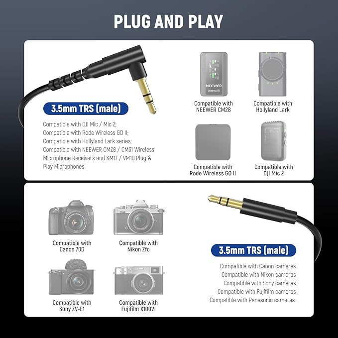 NEEWER 2 Pack Aux Cable Set, 3.5mm TRS Male to 3.5mm TRS Male Coiled Cable Compatible with DJI Mic Rode Wireless GO II Hollyland Lark NEEWER CM28 CM31 Wireless Microphone Camera PC Headphones, LM16