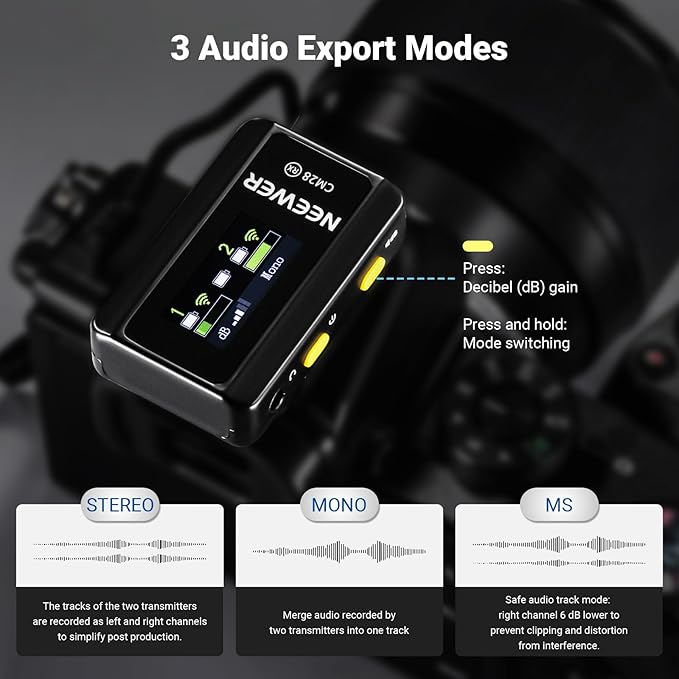 NEEWER CM28 (1 RX + 2 TX + Charging Case), Wireless Lavalier Microphone, Smart Noise Cancelling, 48KHz/16Bit 9 Hrs Uncompressed Recording, 656ft/200m Range, Lav Mic for iPhone, Android, Camera