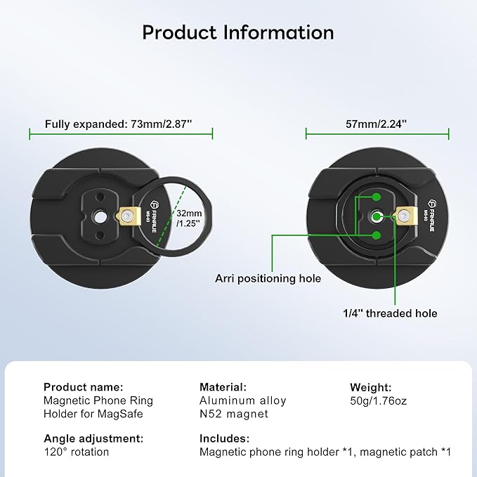 FANAUE Magnetic Phone Ring Holder, Cell Phone Finger Ring Grip Stand for MagSafe, Kickstand Smartphone Tripod Mount Adapter with 1/4" Screw Hole and Cold Shoe for iPhone 16/15/14/13/12 Pro Max