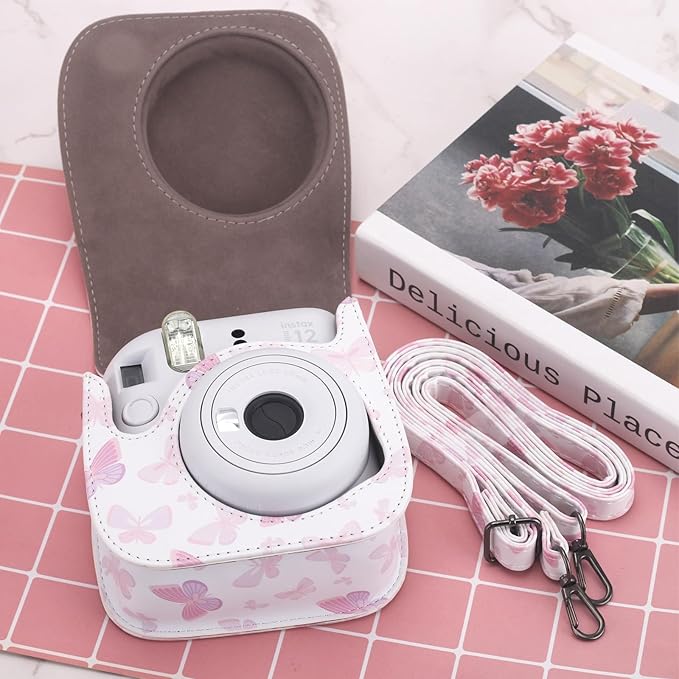 Frankmate Protective Case Fit for Fujifilm Instax Mini 12 11 9 8 Camera, PU Leather Camera Bag with Pocket and Adjustable Shoulder Strap (White Pink Butterfly)