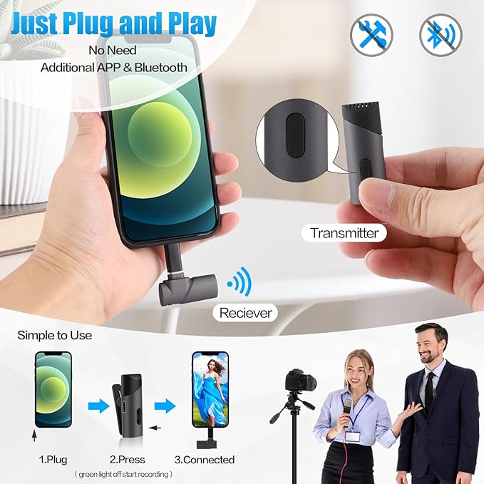Upgraded Wireless Lavalier Microphone for iPhone iPad & Type-C Android, Plug and Play Lapel Mic for Recording YouTube, Facebook Live Stream, TikTok, Interview(NO APP or Bluetooth Needed)