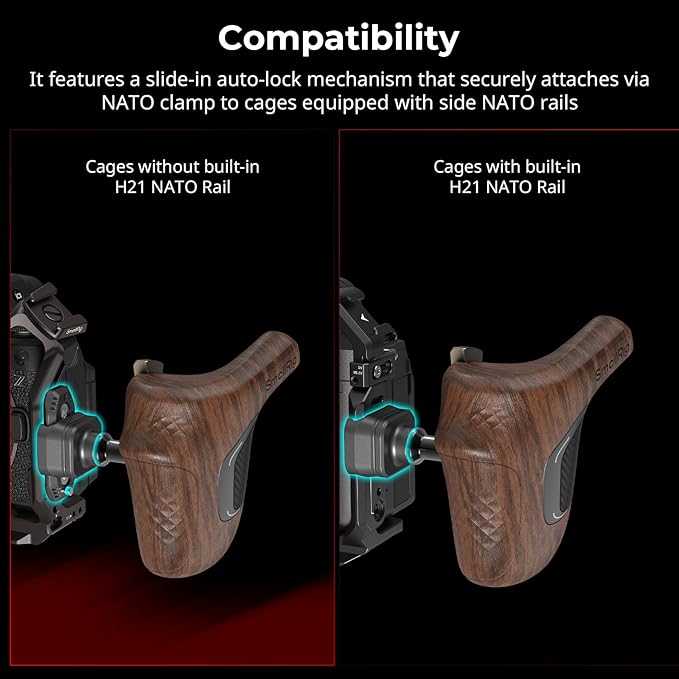 SMALLRIG Rotating Right-Side Wooden Handle with NATO Clamp & NATO Rail, Load Capacity up to 15kg, One-Touch Rotation, 360° Angle Adjustment, Anti-Slip Design