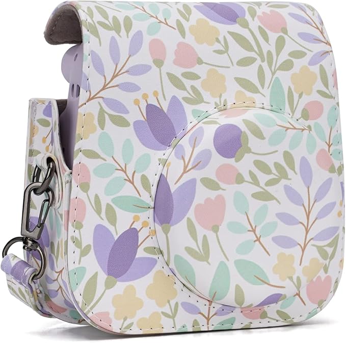 Frankmate PU Leather Camera Case Compatible with Fujifilm Instax Mini 11 12 Instant Camera with Adjustable Strap and Pocket (Flowers Green)