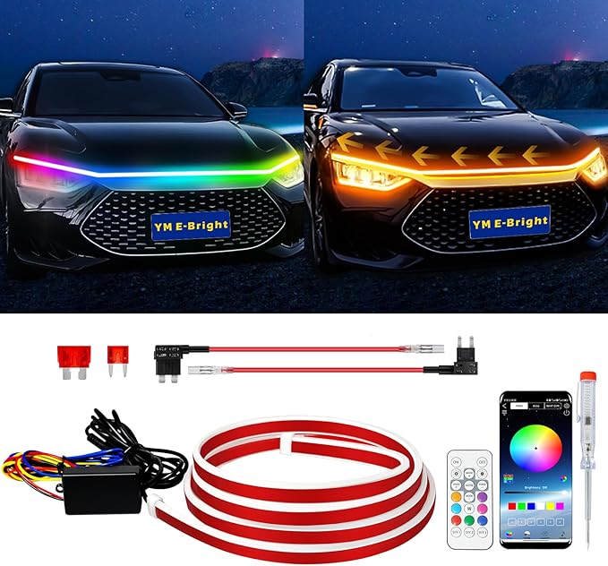 RGB Hood Light Strip with Sequential Turn Signal Indicator Function Waterproof Multicolor Dynamic Scan Start Up Hoodbeam Kit for Cars,Truck,SUV,with APP Control,12V 79inch/2M (1Set)