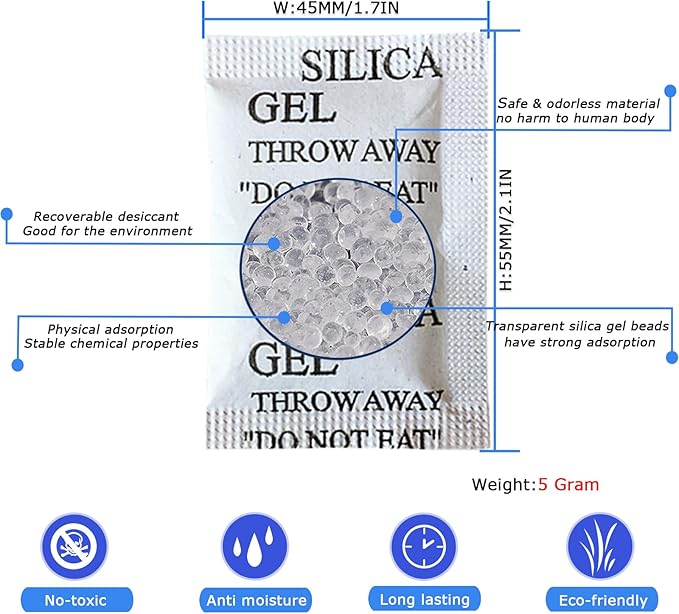 50PCS 5 Gram Silica Gel Packets, Premium Moisture Absorbers, Desiccant Packs for Storage Clothes, Shoes, Electronics, 3D Filament, Safes, Rechargeable Humidity Packs, Dehumidifier Bags, Silica Packets