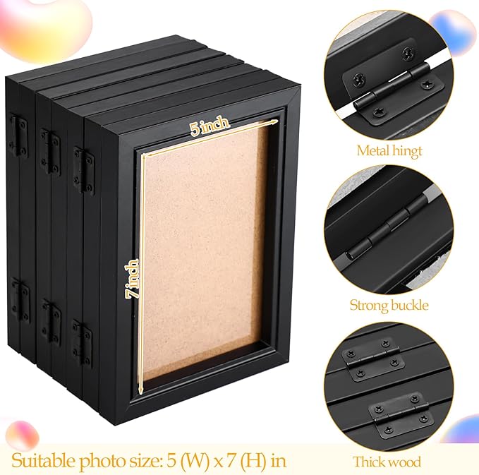Sintuff 7 Pictures 5 x 7 Frame Folding Hinged Picture Frames Foldable Photo Frames High Definition Natural Wood Collage Picture Rustic Desktop Acrylic Frame for Family Wall Decor Black