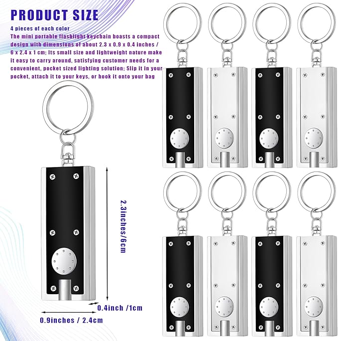 8 Pcs Mini Keychain Flashlight LED Keychain Light Bulk Small Flashlight for Outdoor Camping Hiking Equipment and Emergency Gift(Black, Silver)
