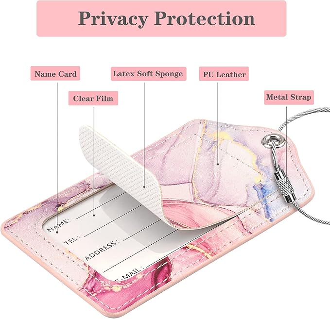 (Set of 2) Luggage Tag for Suitcases Leather Privacy Cover ID Label with Stainless Steel Loop, Travel Bag Tags Suitcase Labels, Watercolor Pink