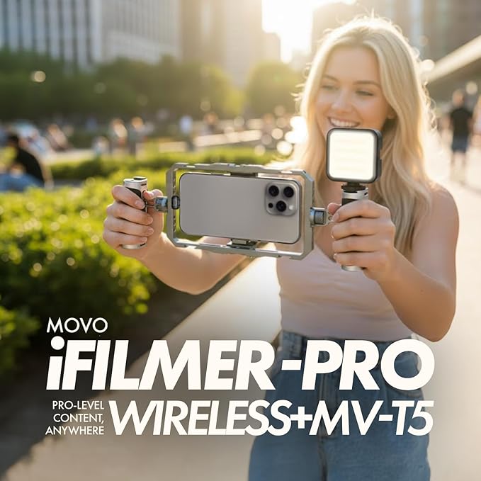 Movo iFilmer-PRO Smartphone Video Rig Kit – Stabilizer Cage with Dual Grips, Wireless Lavalier Microphones & Full Sized Tripod for iPhone/Android