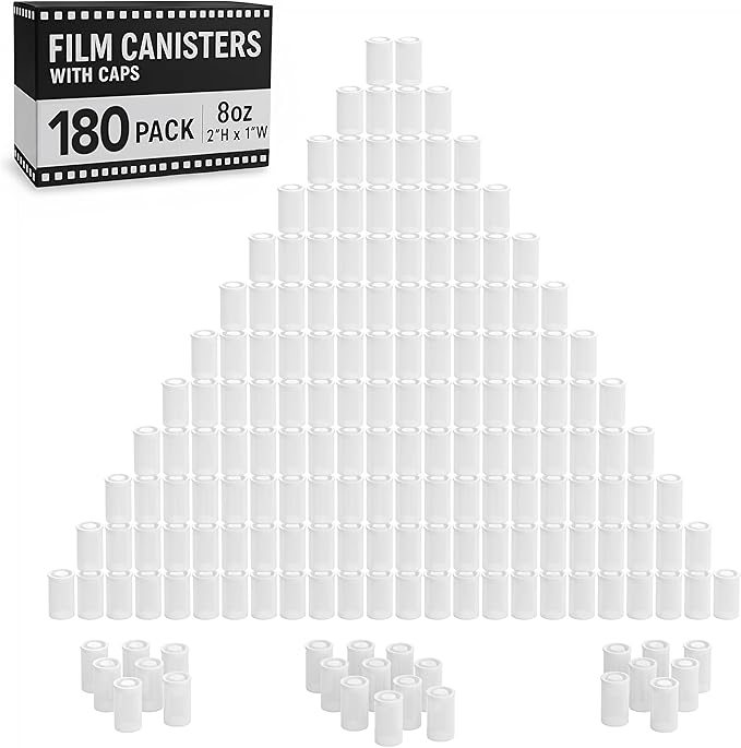 Houseables Film Canisters with Caps, Film Canisters, 35mm Case, Containers with Lids, Cannister for Rockets, Empty Camera Reel Holder, Coin Storage, White, Plastic, Bottle, 8oz, 2"H x 1"W, 180PK, Bulk