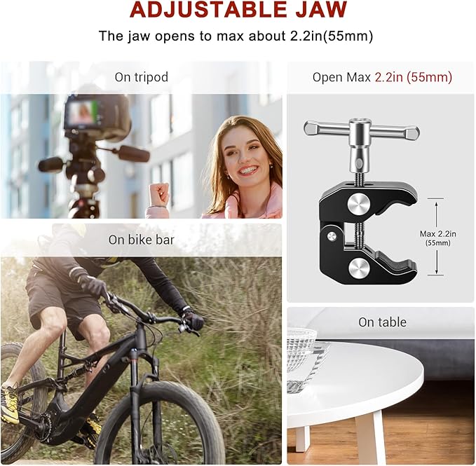 Super Clamp and 11 Inches Adjustable Friction Magic Arm with 1/4’’ Screw and Cold Shoe Adapter - Compatible with Flash, LED Light, Microphone, Monitor - Load Up to 4.4lb/2kg