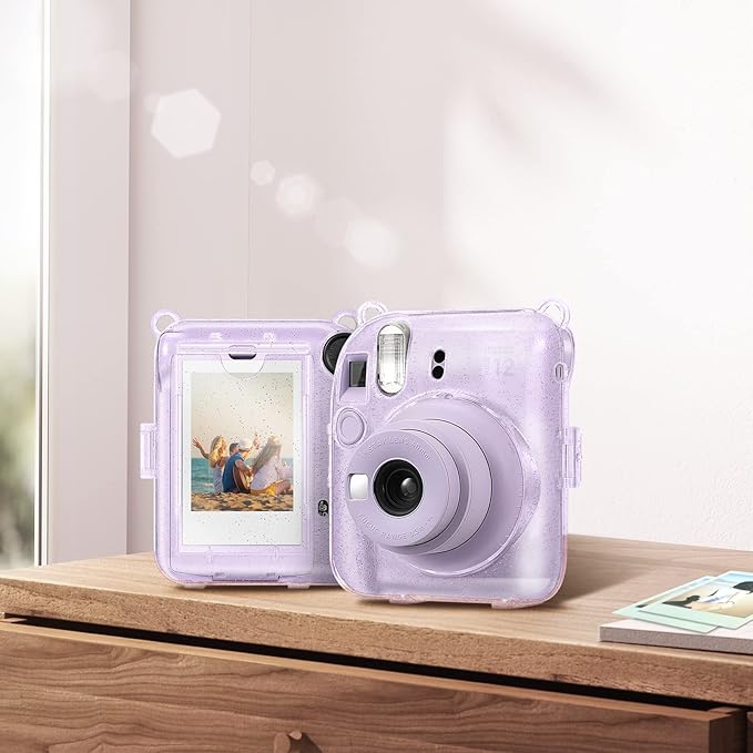 Fintie Protective Clear Case for Fujifilm Instax Mini 12 Instant Camera - Crystal Hard Shell Cover with Upgraded Film Pocket for Storing Photos & Removable Shoulder Strap