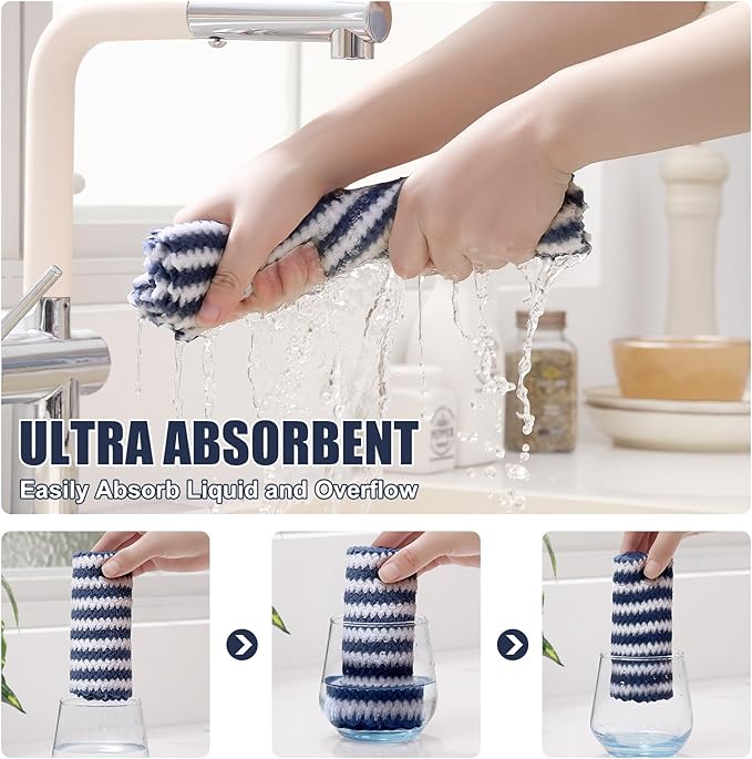 Homaxy 24 Pack Kitchen Dish Cloths, Ultra Soft and Absorbent Dish Towels, Reusable Fast Drying Microfiber Cleaning Cloth, Coral Velvet Wave Design No-lint, 10 x 10 inches, Navy Blue