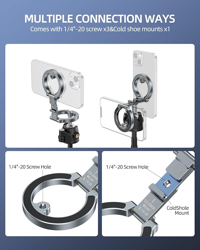 Double Magnetic Ring Phone Holder,Gym Magnetic Stand,Tripod Phone Mount with 1/4" Screw Compatible with iPhone 16/15/14/13/12 Pro Max Series & MagSafe Cases,Travel, Car, Gym,Refrigerator