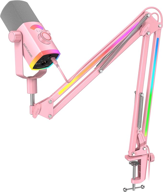 FIFINE XLR/USB Gaming Microphone Kit with Boom Arm Stand, RGB Streaming Mic for Computer Compatible with PC/PS4/PS5, Podcast Mic Set with Headphone Jack, Volume Knob, Mute-AmpliGame AM8PROT Pink