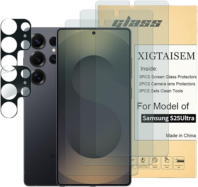 XIGTAISEM 3+2Pack for Samsung S25Ultra Screen Protector,[6.9 inch Display] 3Pack Screen Protector and 2 Set Camera Lens Protector,2.5D Curved Edges, Case Friendly Tempered Glass Film,[9H Hardness]